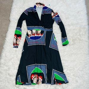 Sexy Christmas Cat Xmas Hat Kitty Holiday Mock Wrap Midi Dress stretch Sz Small